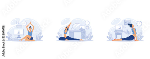 Online yoga and meditation. Women doing exercise at home. Home activity and relaxion, set flat vector modern illustration