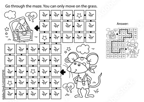 Maze or Labyrinth Game. Puzzle. Coloring Page Outline Of Cartoon little pirate mouse with chest of treasure. Cheese trove. Coloring Book for kids.