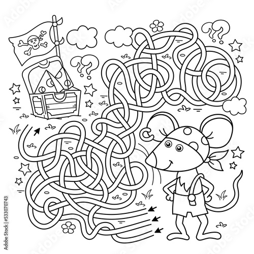 Maze or Labyrinth Game. Puzzle. Tangled road. Coloring Page Outline Of Cartoon little pirate mouse with chest of treasure. Cheese trove. Coloring Book for kids.
