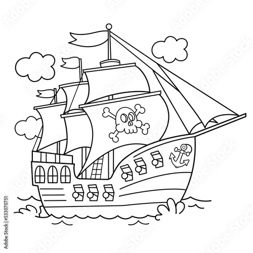 Coloring Page Outline Of Cartoon pirate ship. Sailboat with black sails with skull in sea drawing. Coloring book for kids.