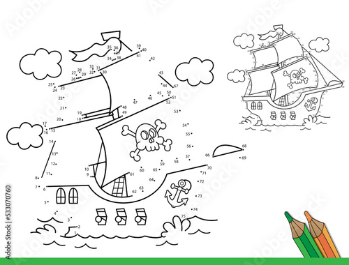 Puzzle Game for kids: numbers game. Coloring Page Outline Of cartoon pirate ship. Sailboat with black sails with skull in sea. Coloring Book for children.