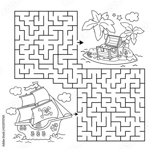 Maze or Labyrinth Game. Puzzle. Coloring Page Outline Of cartoon pirate ship with treasure island. Coloring book for kids.