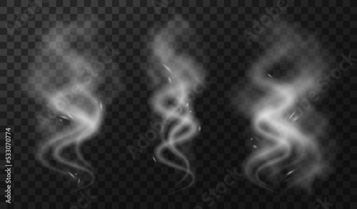 Set of wavy transparent smoke. The effect of white steam, fume and fog