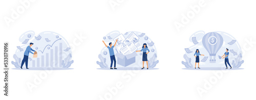 capital gain, portfolio income, investment income. Investments and bonds, cash flow, money slot, mutual fund, finance abstract metaphor, set flat vector modern illustration