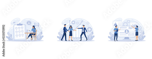 Employee performance evaluation, HR department, increasing employee engagement banners set. Fellow workers assessment concept. Staff management, empolyee development, set flat vector modern illustrati