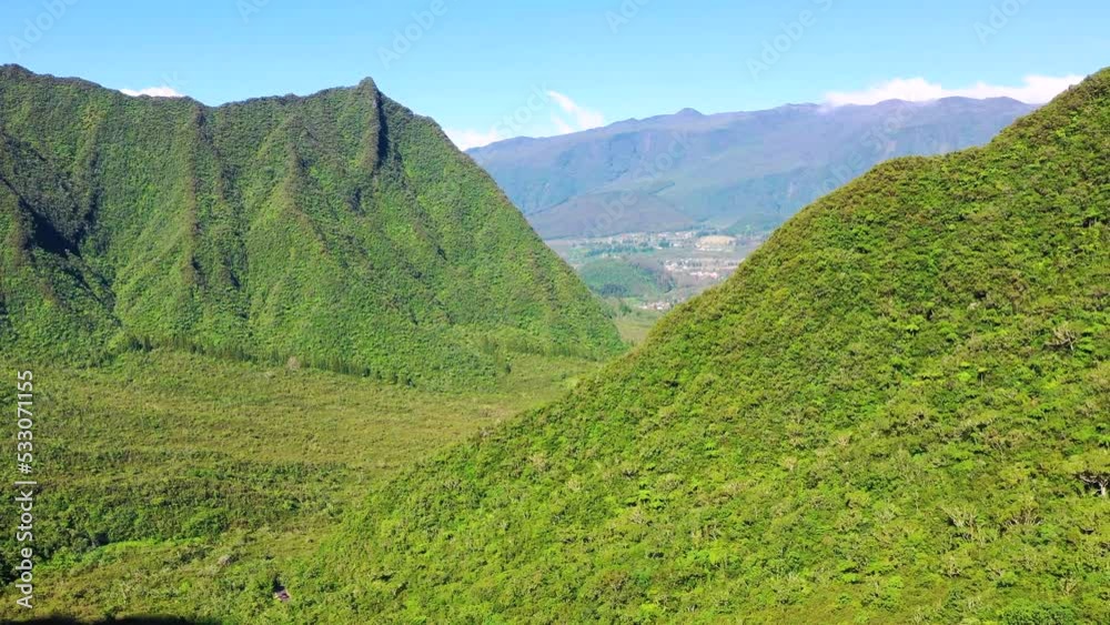 Aerial view of forest and mountains, Col de Bebour, Reunion Island. Aerial view of forest and mountains, Col de Bebour, Reunion Island.