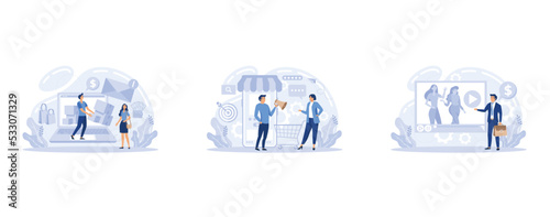 Email, mobile and video marketing technology. Getting new subscribers, likes, messages. Work with advertising and promoting via Internet, set flat vector modern illustration