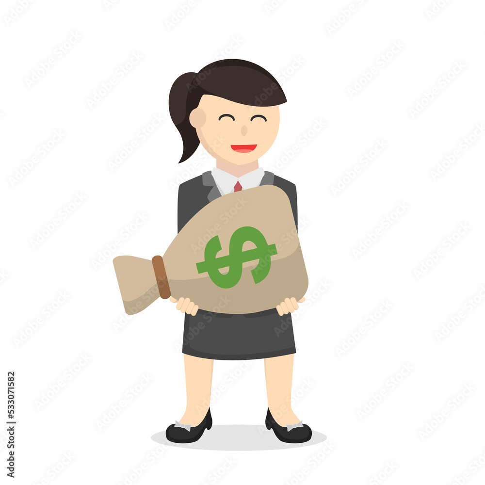 business woman secretary carrying big sack of money design character on white background business woman secretary carrying big sack of money design character on white background