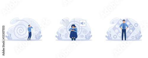 Attention concentration, cognitive dissonance, confusion color icon. Concept of concentration exercise, productive goal setting, mind focus and mindfulness, set flat vector modern illustration