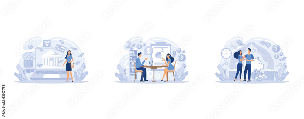 Online banking system, financial consulting, saving account. Mobile payment, cash transactions. Mobile money transfer app. E-money, bank deposit. Digital wallet, set flat vector modern illustration Online banking system, financial consulting, saving account. Mobile payment, cash transactions. Mobile money transfer app. E-money, bank deposit. Digital wallet, set flat vector modern illustration