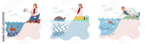 Observation of marine life in wild in order to study and protect them, study of living conditions of wild animals. Ecological researcher conducts experiments ichthyologist analyzing fish in sea