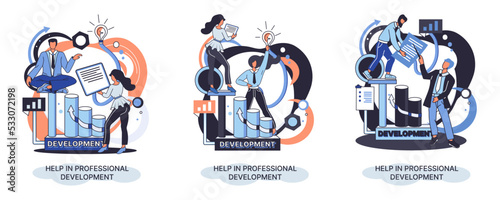 Help in professional development metaphor. Qualified employee training program. Refresher course. Human resource management organization. Business education workshop. School personality growth in team