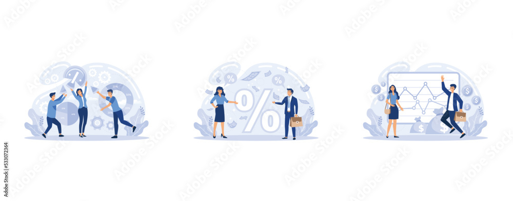 Dividend income and financial profitability. Return on investment chart, budget fund plan, revenue increase, accounting report, money bag income, pension saving account, set flat vector modern illustr Dividend income and financial profitability. Return on investment chart, budget fund plan, revenue increase, accounting report, money bag income, pension saving account, set flat vector modern illustr