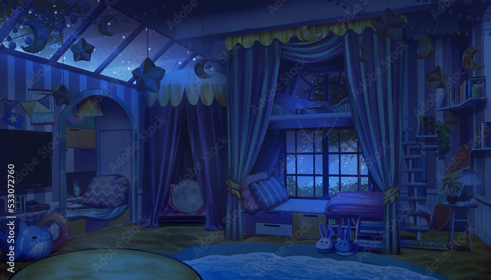 Game Art Fantasy interior bedroom design with summer beach and winter star theme with the light off, Snowing on the outside, Digital CG Artwork, Vtuber background, Anime background 