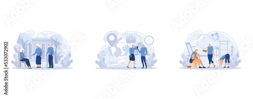 Senior people care metaphors. Communities for pensioners, retirement travel, elderly fitness. Old people support services. Nursery home, set flat vector modern illustration