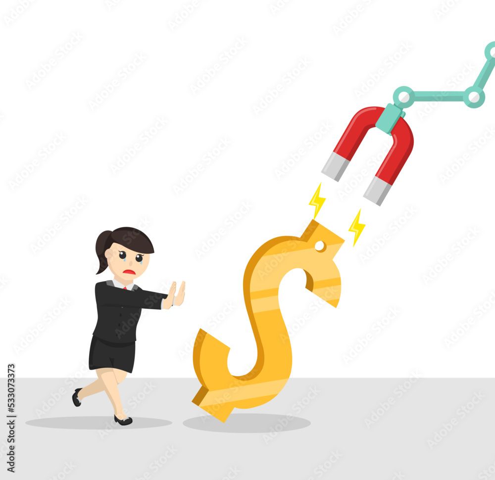 business woman secretary put gold dollars by magnet design character on white background business woman secretary put gold dollars by magnet design character on white background