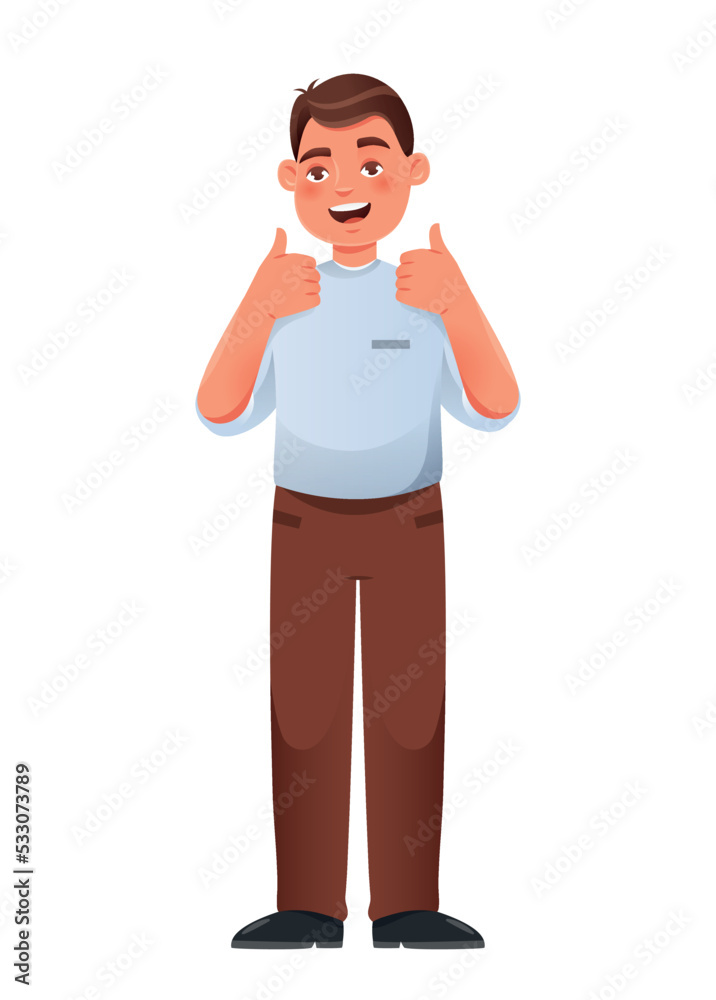Positive young guy. Man shows two thumbs up and smiles. Happy character approves action, agrees. Graphic element for website. Positive and mental health concept. Cartoon flat vector illustration Positive young guy. Man shows two thumbs up and smiles. Happy character approves action, agrees. Graphic element for website. Positive and mental health concept. Cartoon flat vector illustration