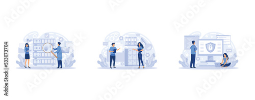 Big data analytics platform, data management and protection creative metaphor set abstract concept. Data center room disk infrastructure business information safety, set flat vector modern illustratio