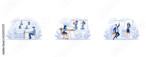 Software for videoconferencing and online communication, online meeting work from home, virtual work meeting set. People having conference call with business team, telecommuting, set flat vector moder