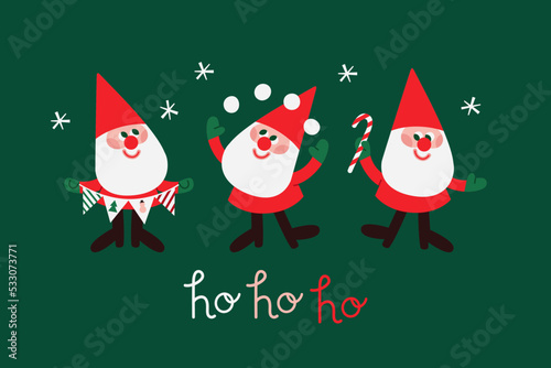 Set of vector Santas with garland, snowballs and candy cane. 
New Year card with three gnomes in red hats. Handwritten lettering Ho ho ho. Christmas greeting postcard in red and green colors.