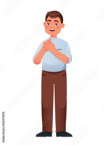 Positive young guy. Man smiles and rubs his hands rudely, gestures, emotions and expression. Graphic element for website. Model, pleasantly surprised character. Cartoon flat vector illustration