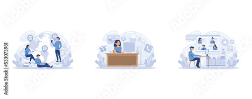 Distance working, Outsourcing, work home office, online conference, freelance job, team digital meeting, IT business, set flat vector modern illustration