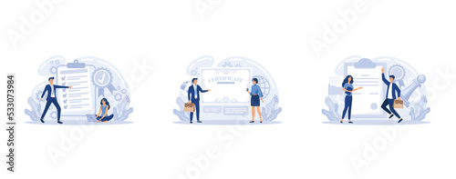 Business people meeting quality control standards and getting international certificate, certification, quality management, industry, legal guarantee, legislative protection of rights, set flat vector