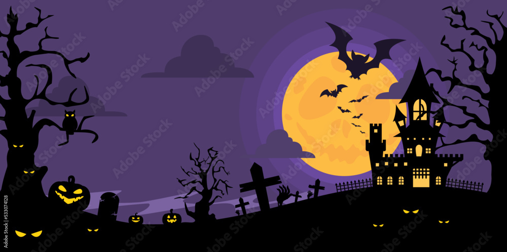 Halloween Castle house silhouette and fly bat on full moon background. Vector illustration flat design for banner, poster, wallpaper, and background.