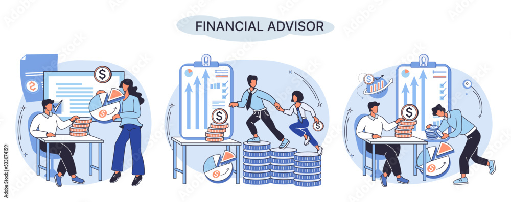 Financial advisor giving advice investment money market analysis management planning for customer. Fiscal consultant professional in finance. Business development successful vested interests metaphor Financial advisor giving advice investment money market analysis management planning for customer. Fiscal consultant professional in finance. Business development successful vested interests metaphor