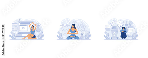 Meditation online. Self-management, self regulation learning, self-organization course, control over emotions metaphor Online yoga at home meditating. Deals with stress management, set flat vector mod