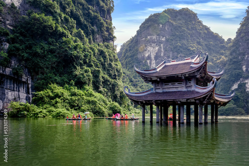 The ancient pagoda is located on the river in Trang An, Ninh Binh province, Vietnam Trang An is a world cultural and natural heritage recognized by UNESCO