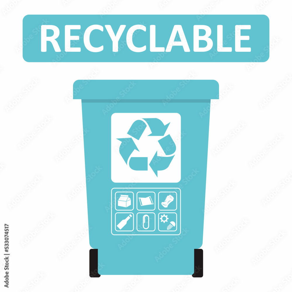 Recyclable waste sign or sticker design for the garbage bin. Industrial hygiene graphic asset.