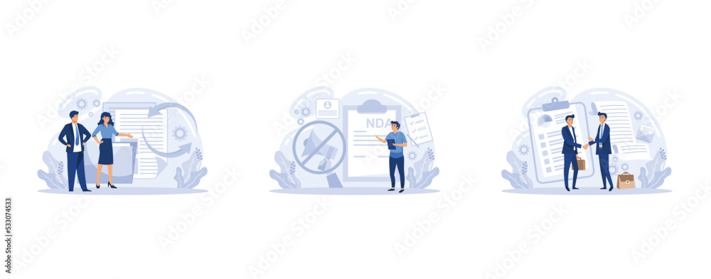 Company principles icons set. Employer and employee contract, labor obligations. Job sharing, nondisclosure agreement, employment agreement, set flat vector modern illustration Company principles icons set. Employer and employee contract, labor obligations. Job sharing, nondisclosure agreement, employment agreement, set flat vector modern illustration