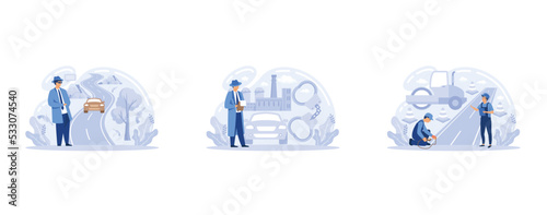Traffic crime and fraud, road works, fellow traveller, hitchhiking, criminal traffic, construction and repair, speed limit sign, set flat vector modern illustration