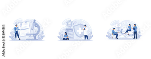Human papillomavirus prevention, immunity development, antivirus creation. HPV test, HPV vaccination, HPV education programs, set flat vector modern illustration
