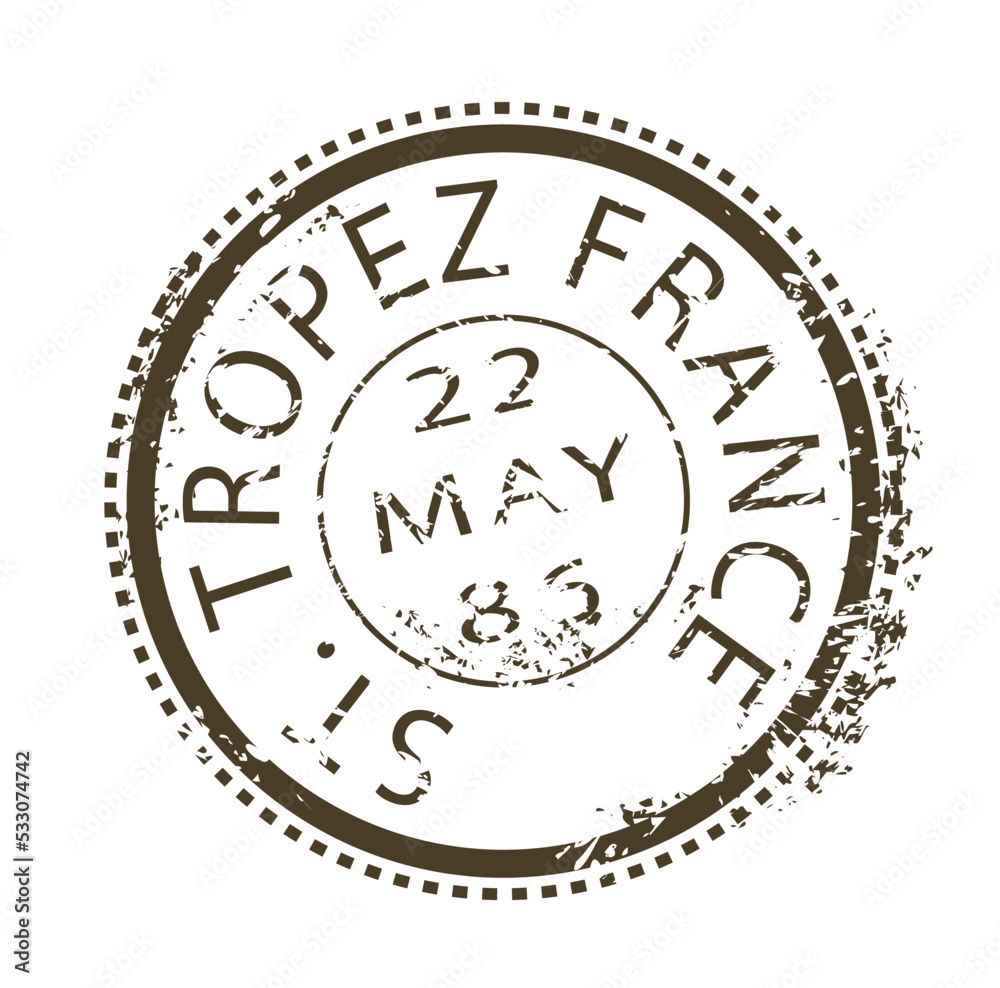 Brown post mark. Round stamp with inscription TROPEZ FRANCE. Poster or banner for website. Travel and international business, correspondence and communication. Cartoon flat vector illustration Brown post mark. Round stamp with inscription TROPEZ FRANCE. Poster or banner for website. Travel and international business, correspondence and communication. Cartoon flat vector illustration