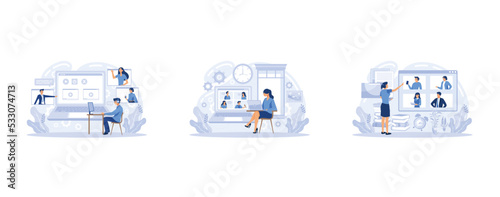 Online business meeting, work from home, software for videoconferencing and online communication. People using computer for collective virtual meeting and group video conference, set flat vector moder