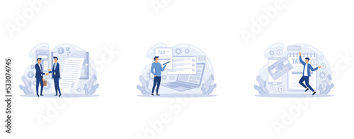 Tax agent service , Accountant appointment, filing the taxes, money refund, income statement and financial audit, e-file online software , set flat vector modern illustration