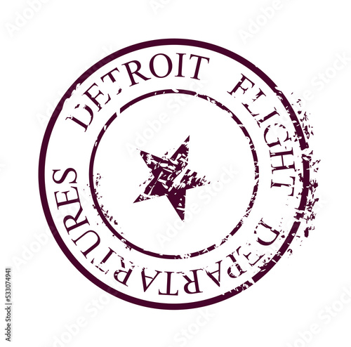 Red post mark. Round stamp with inscription Detroit Flight departartures and big star icon. Template, layout and mock up. Communication, correspondence and letter. Cartoon flat vector illustration