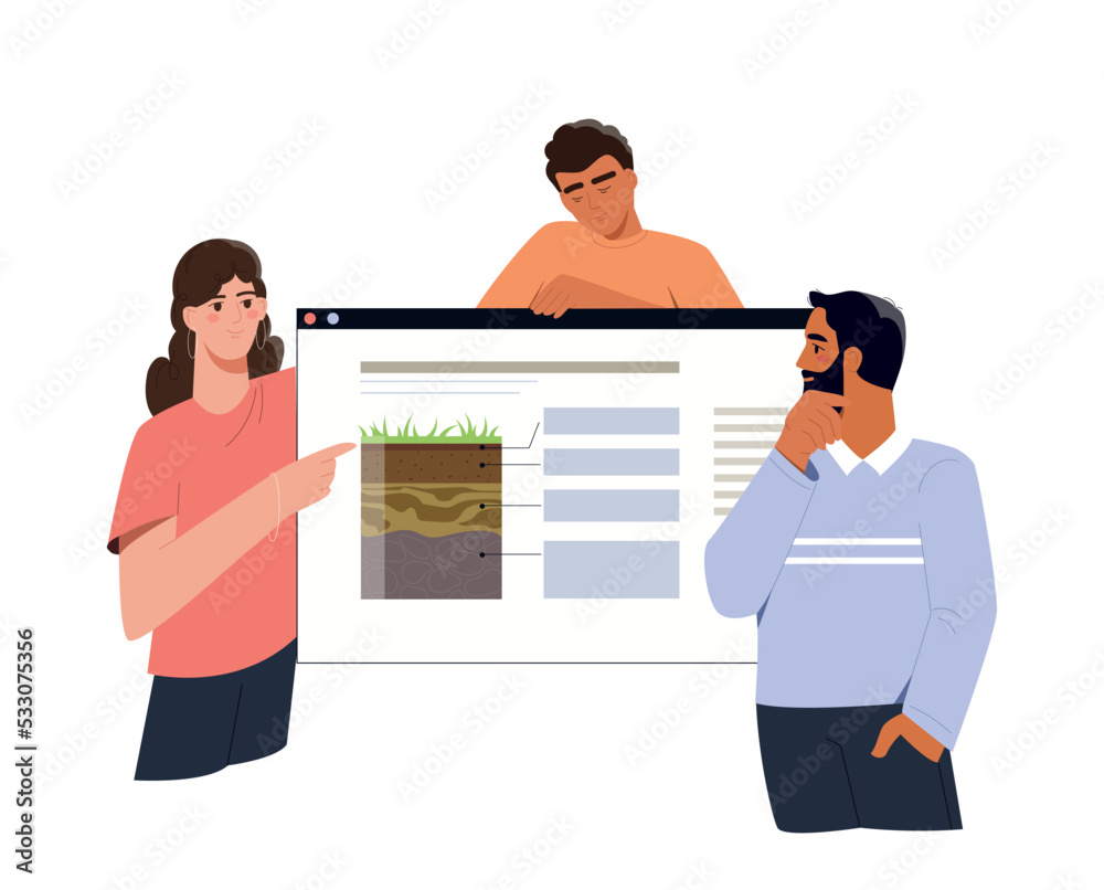 People with presentation. Men and woman explore soil, scientists brainstorming. Illumination, insight and idea. Geology and biology. Graphic element for website. Cartoon flat vector illustration People with presentation. Men and woman explore soil, scientists brainstorming. Illumination, insight and idea. Geology and biology. Graphic element for website. Cartoon flat vector illustration