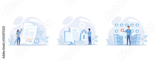 Privacy policy, official document information in form of text, customer database information about companys clients who made transactions. Protecting your privacy, set flat vector modern illustration