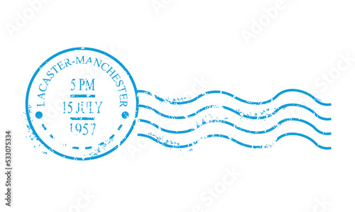 Blue post mark. Round stamp with inscription Lacaster, Manchester and curve lines. Communication, international interaction, correspondence. Poster or banner. Cartoon flat vector illustration