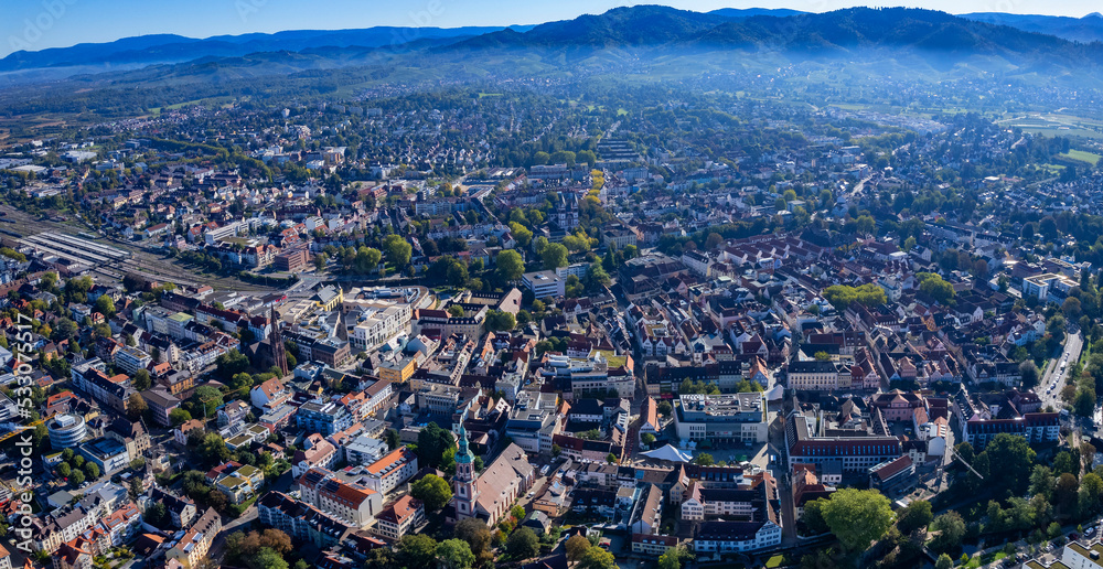 Aerial view around the old town of the city Offenburg in Germany on a sunny morning