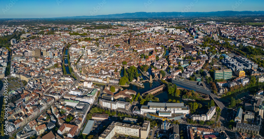 Aerial view around the old town of the city Strasbourg in France