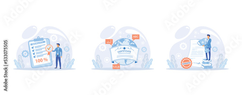 Business people meeting quality control standards and getting international certificate, certification, quality management, industry, legal guarantee, set flat vector modern illustration