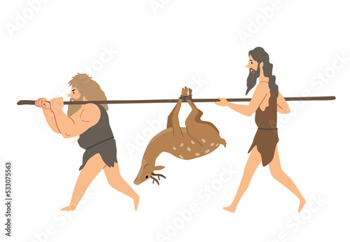 Primitive people with food. Two bearded men in torn clothes carry deer on branch. Hunting and getting food, survival. History and archeology. Scenes BC concept. Cartoon flat vector illustration