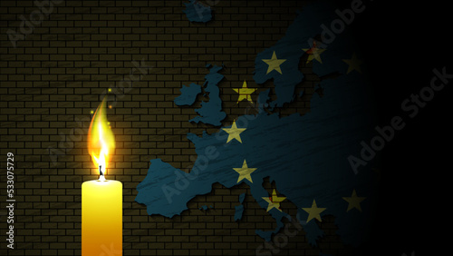 Vector mournful burning wax candle on the background of a dark map of European Union with a brick wall structure. Wallpaper or poster