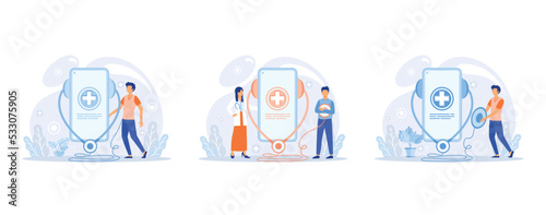 Online doctor. Healthcare services, Ask doctor. Tele medicine e-health service. Therapist videocalling phone screen, set flat vector modern illustration
