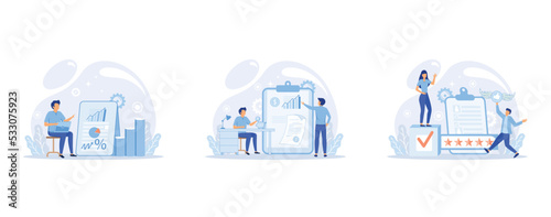 Market statistics analysis, financial advisor, customer relationship management business themes, Investment money, management planning for customer. Fiscal consultantation, set flat vector modern illu