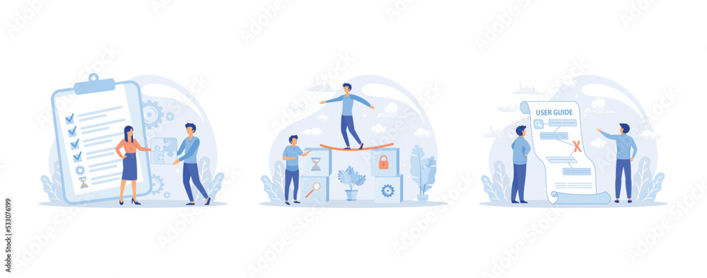 Customer experience, project delivery, beta testing, user guide. Software development, new product launch, technical helpdesk, set flat vector modern illustration Customer experience, project delivery, beta testing, user guide. Software development, new product launch, technical helpdesk, set flat vector modern illustration